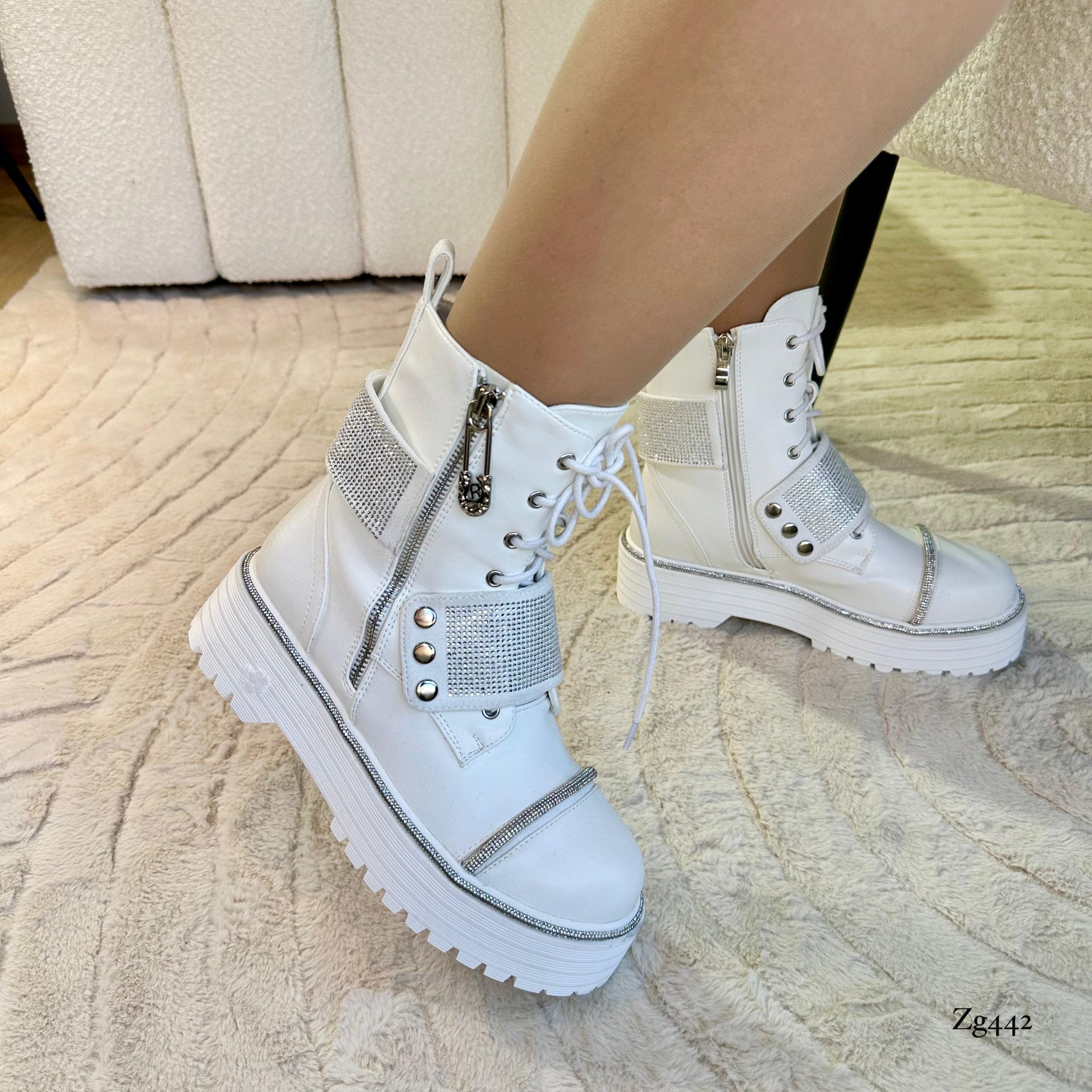 Botin blanco apliques plateados brillantes suela 4cm H298-A5370 C-F